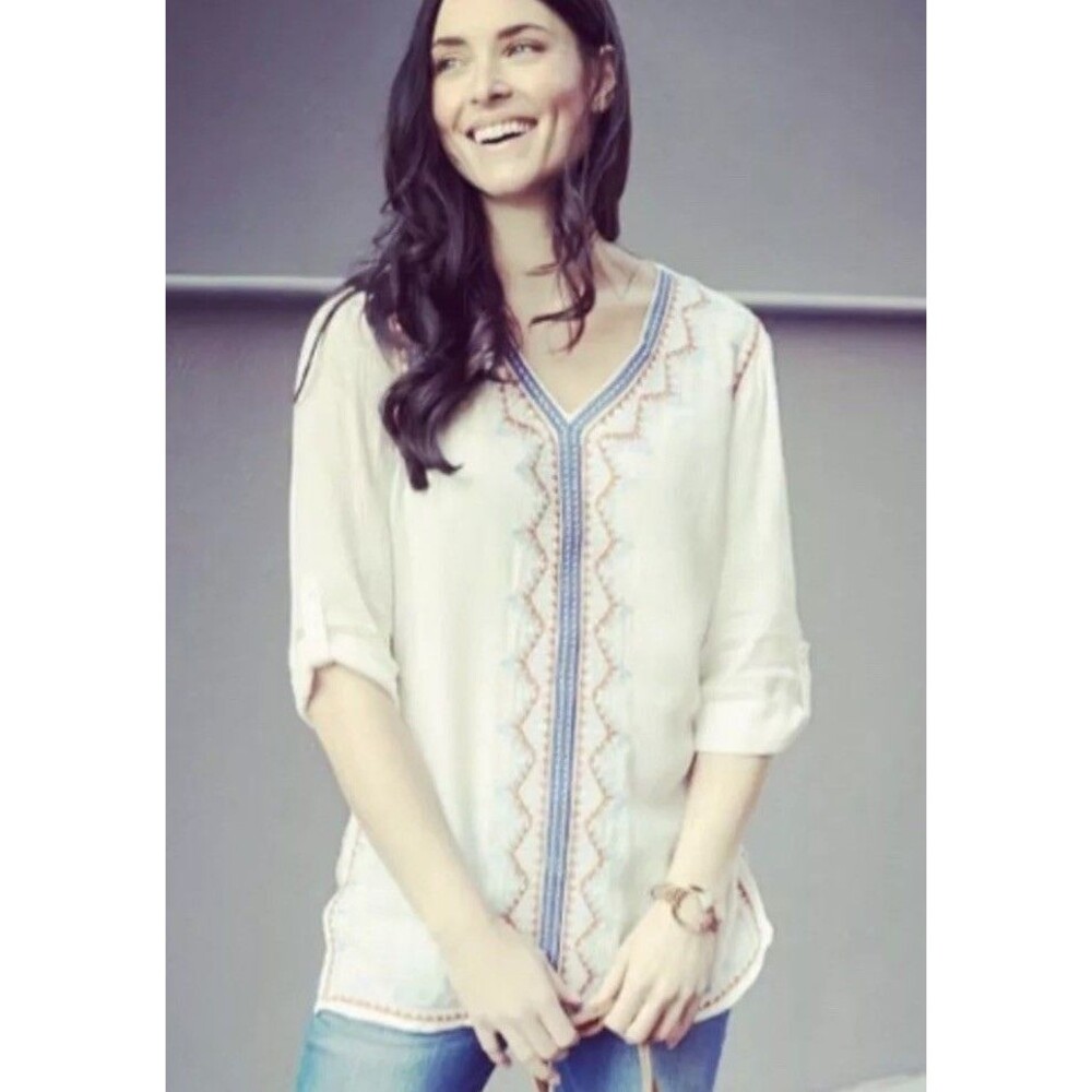THML White Boho Embroidered w Blues & Oranges Long Sleeve V Neck Shirt Size M